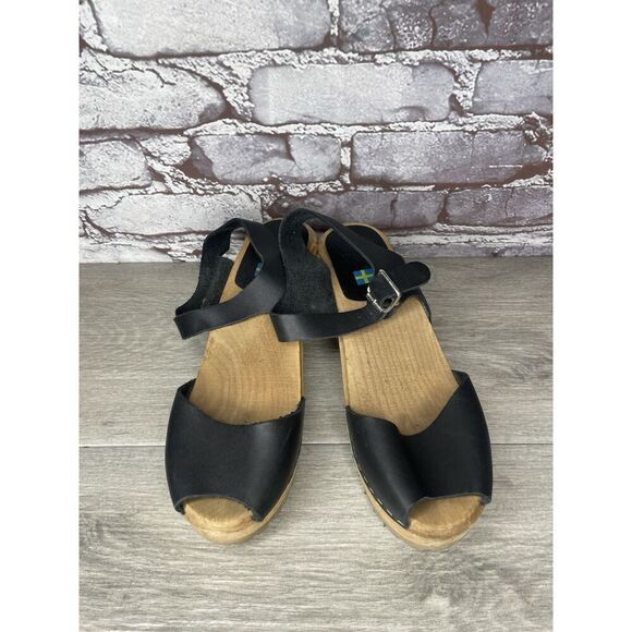 Swedish Hasbeens Black Leather Wooden Heel Peep Toe Ankle Strap Sandals Women 38 - Picture 2 of 16